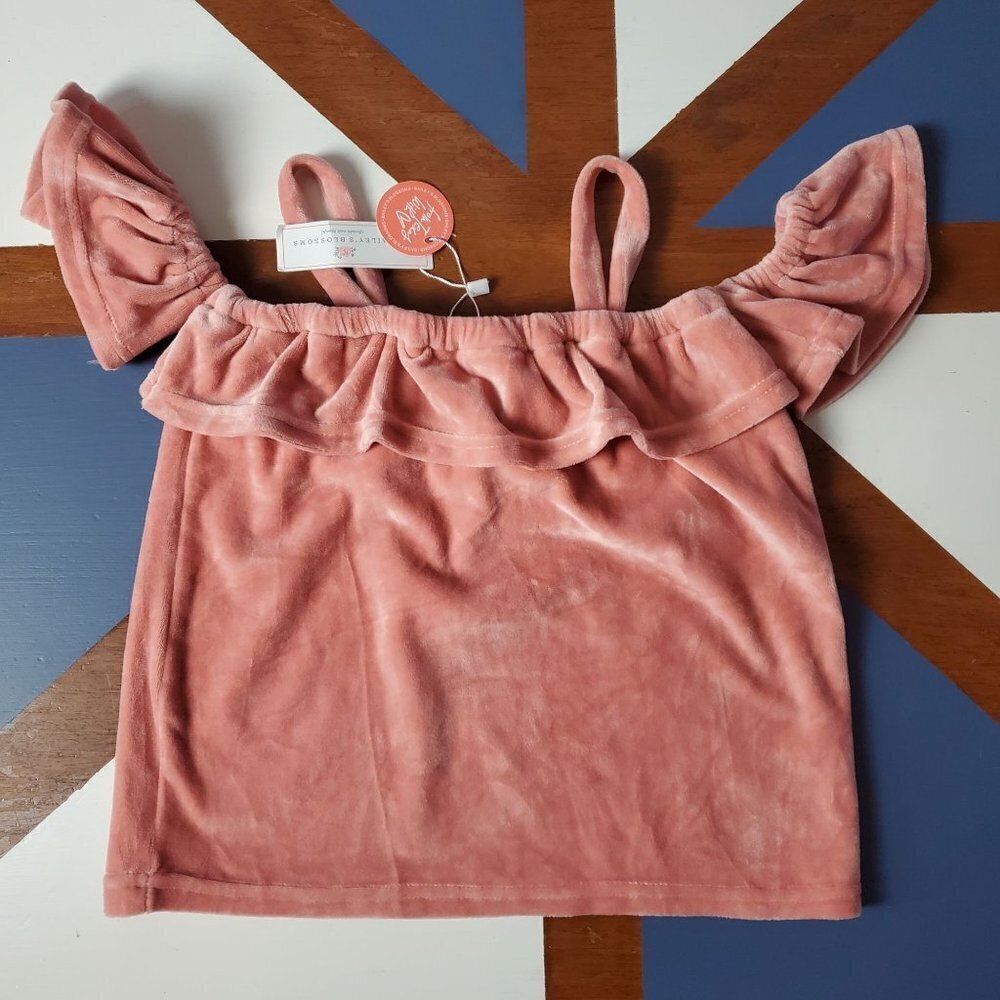 Bailey Blossoms Shirt Girls 4T Dusty Pink Velour‎ Ruffle Shoulder Summer New - Picture 2 of 4